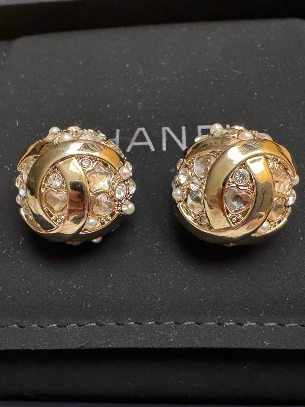 Rare New Chanel Gold CC Logo Crystal Embellished Pearl Disco Ball Stud Earrings